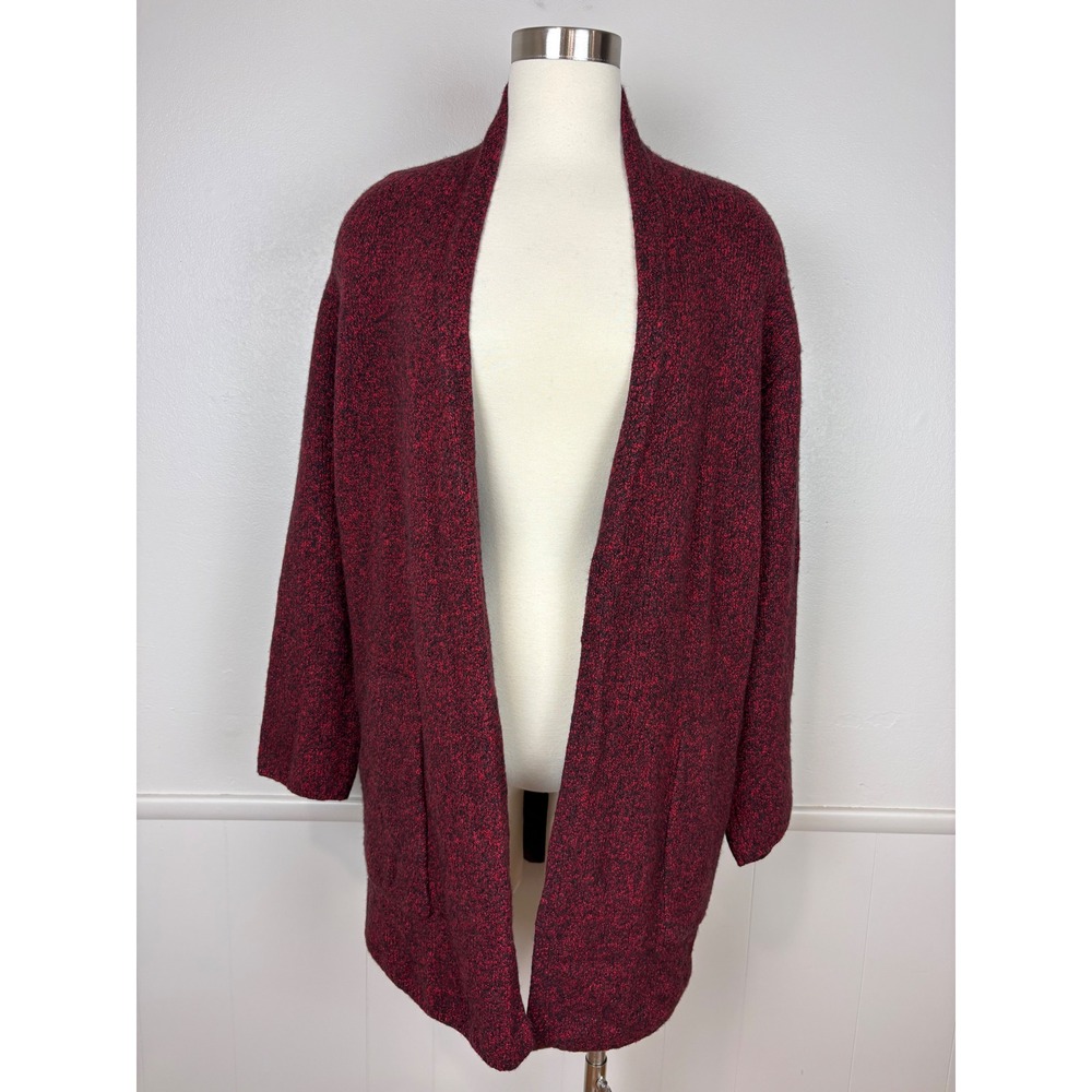 Pure Jill Long Cardigan Open Front Sz‎ M Pockets Black Red Marled Knit Cozy Wool